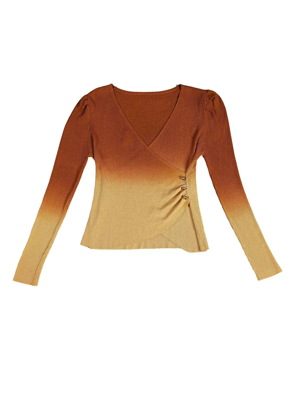 Astron Brown Ombre V Neck Ribbed Women’s Top