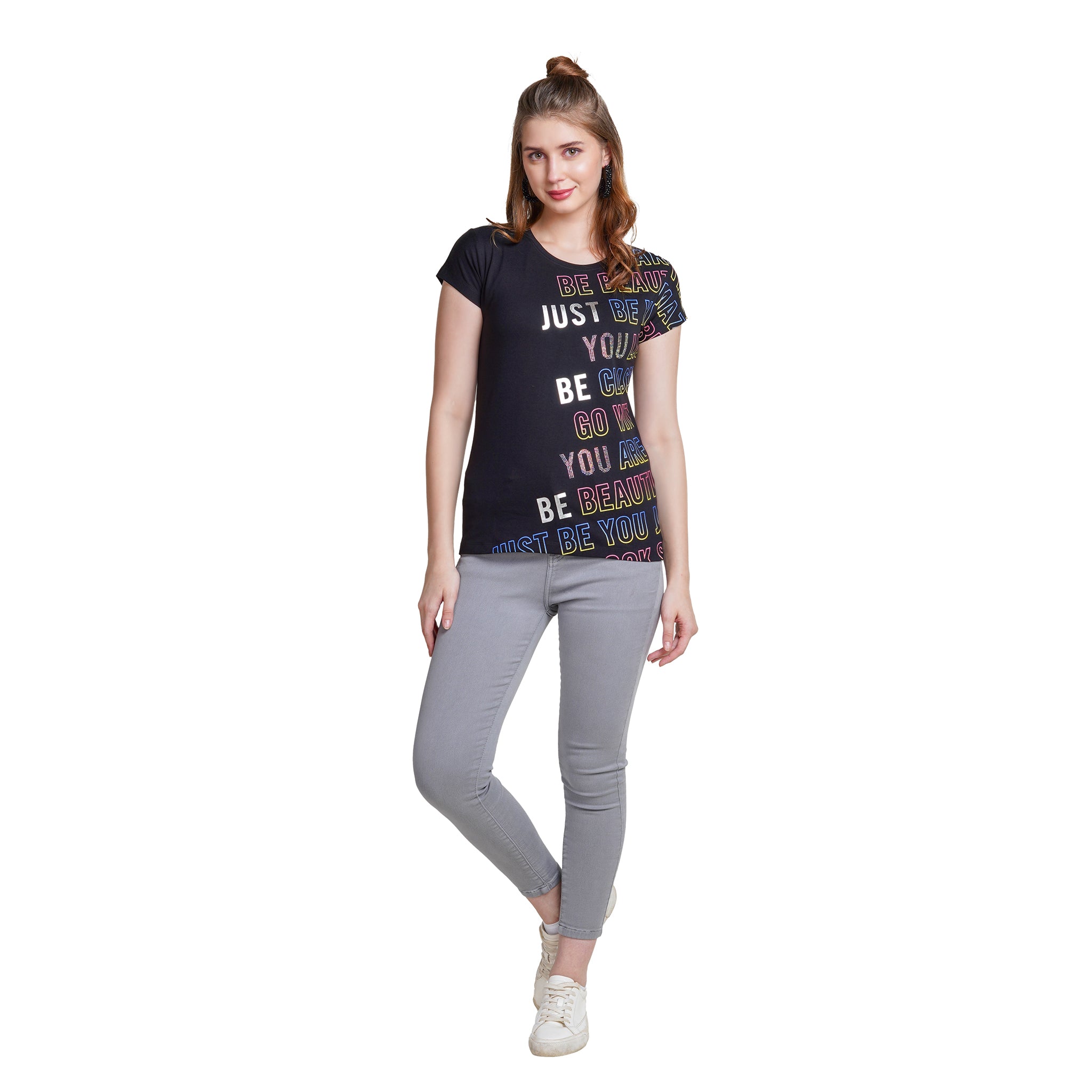 Astron – Round Neck Green Color Typography Print Cotton T-Shirt for Women