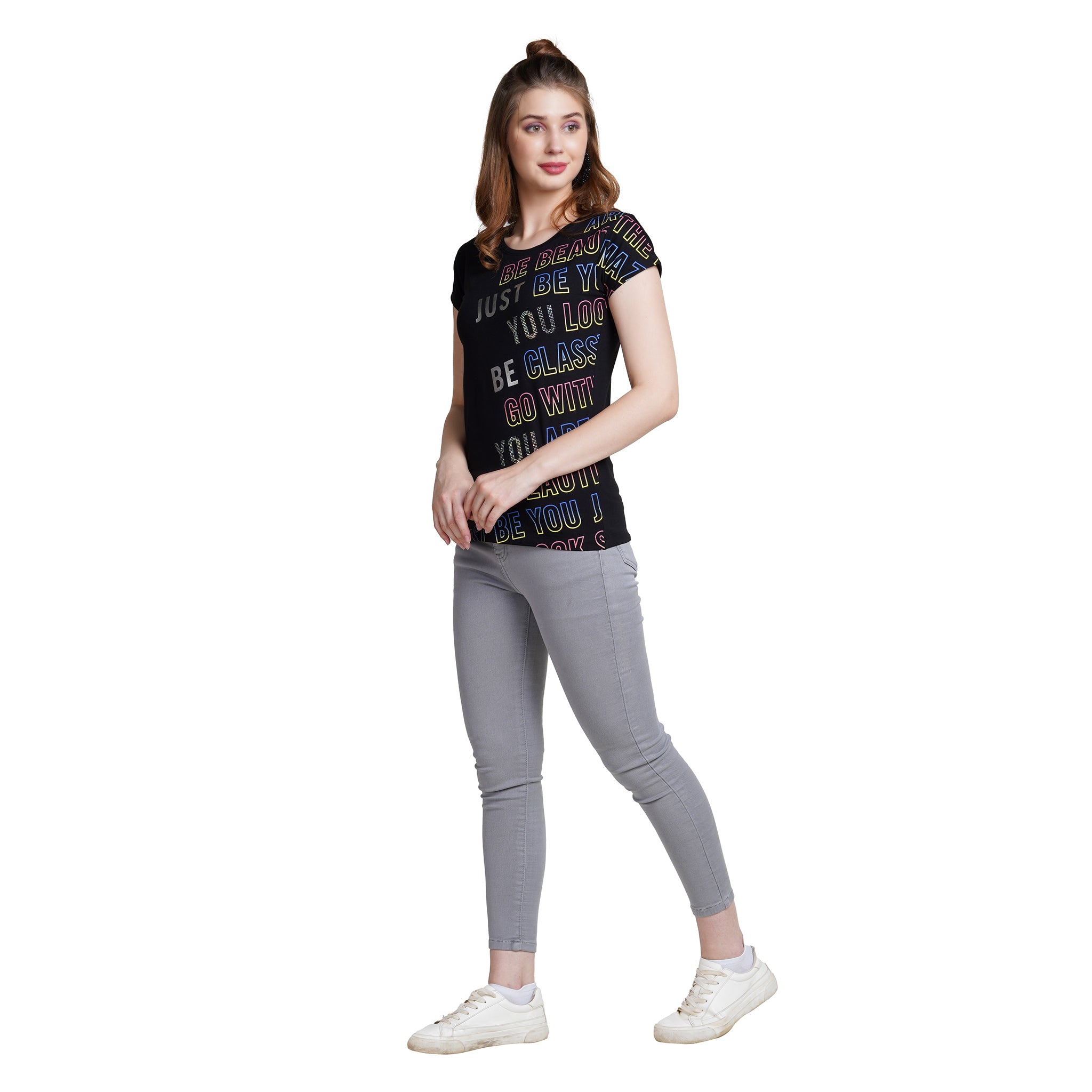 Astron – Round Neck Green Color Typography Print Cotton T-Shirt for Women