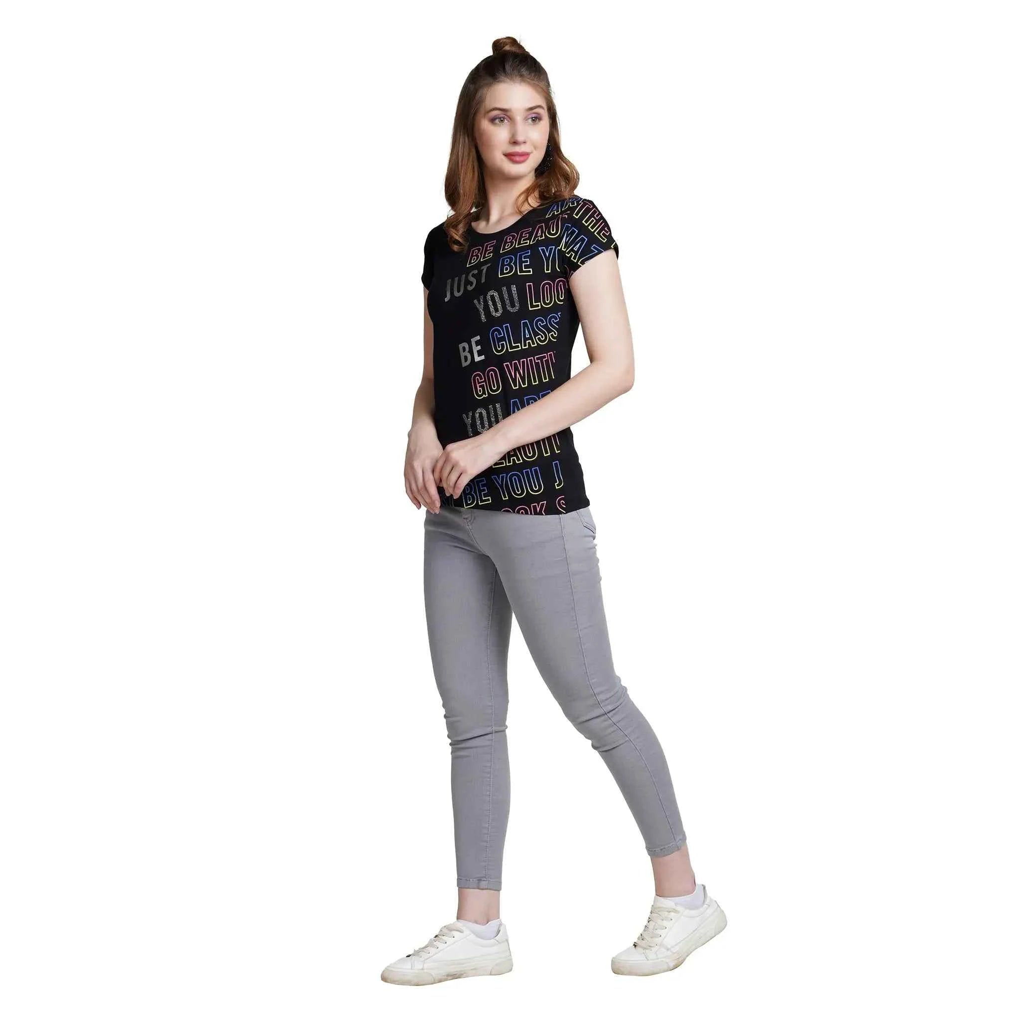 Astron – Round Neck Green Color Typography Print Cotton T-Shirt for Women