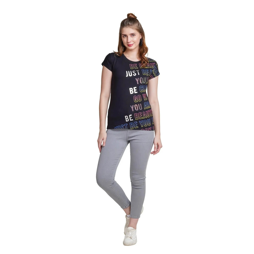 Astron – Round Neck Green Color Typography Print Cotton T-Shirt for Women