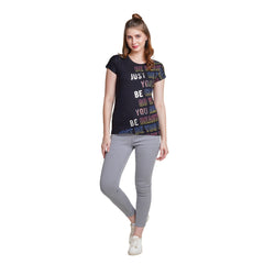 Astron – Round Neck Black Color Typography Print Cotton T-Shirt for Women