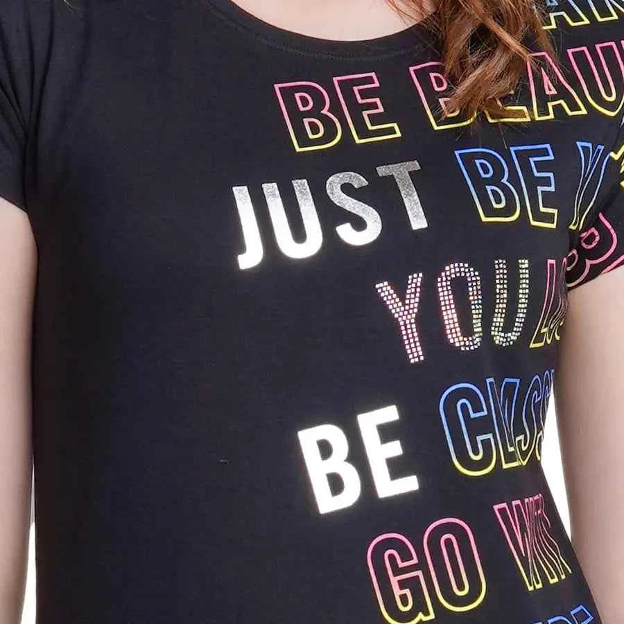 Astron – Round Neck Green Color Typography Print Cotton T-Shirt for Women