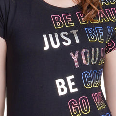 Astron – Round Neck Black Color Typography Print Cotton T-Shirt for Women