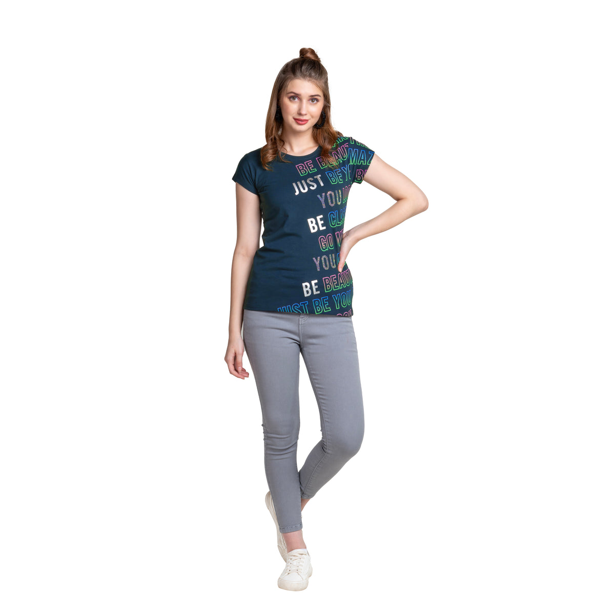Astron – Round Neck Blue Color Typography Print Cotton T-Shirt for Women