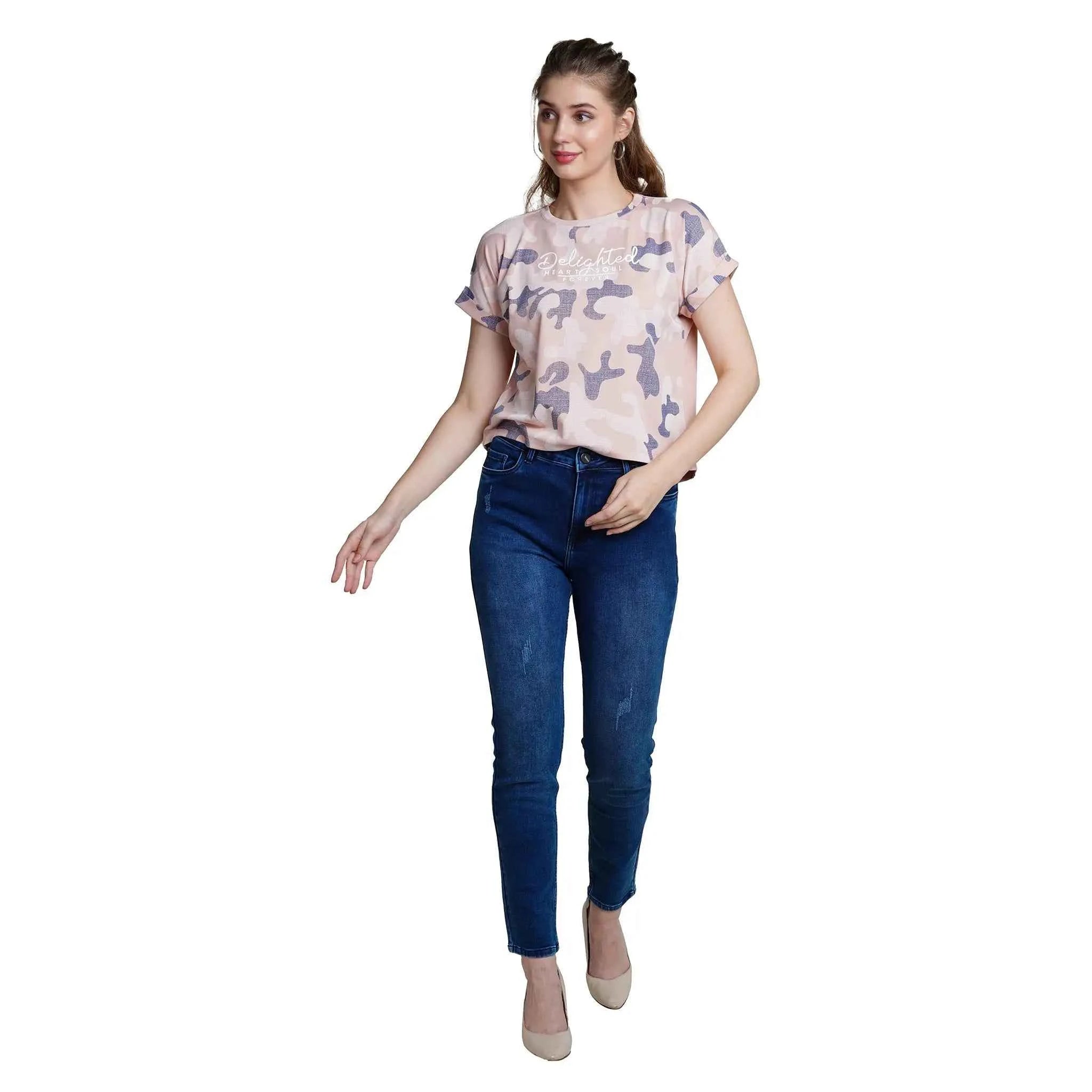 Astron – Light Pink Camouflage Print Magyar Sleeve Top for Women