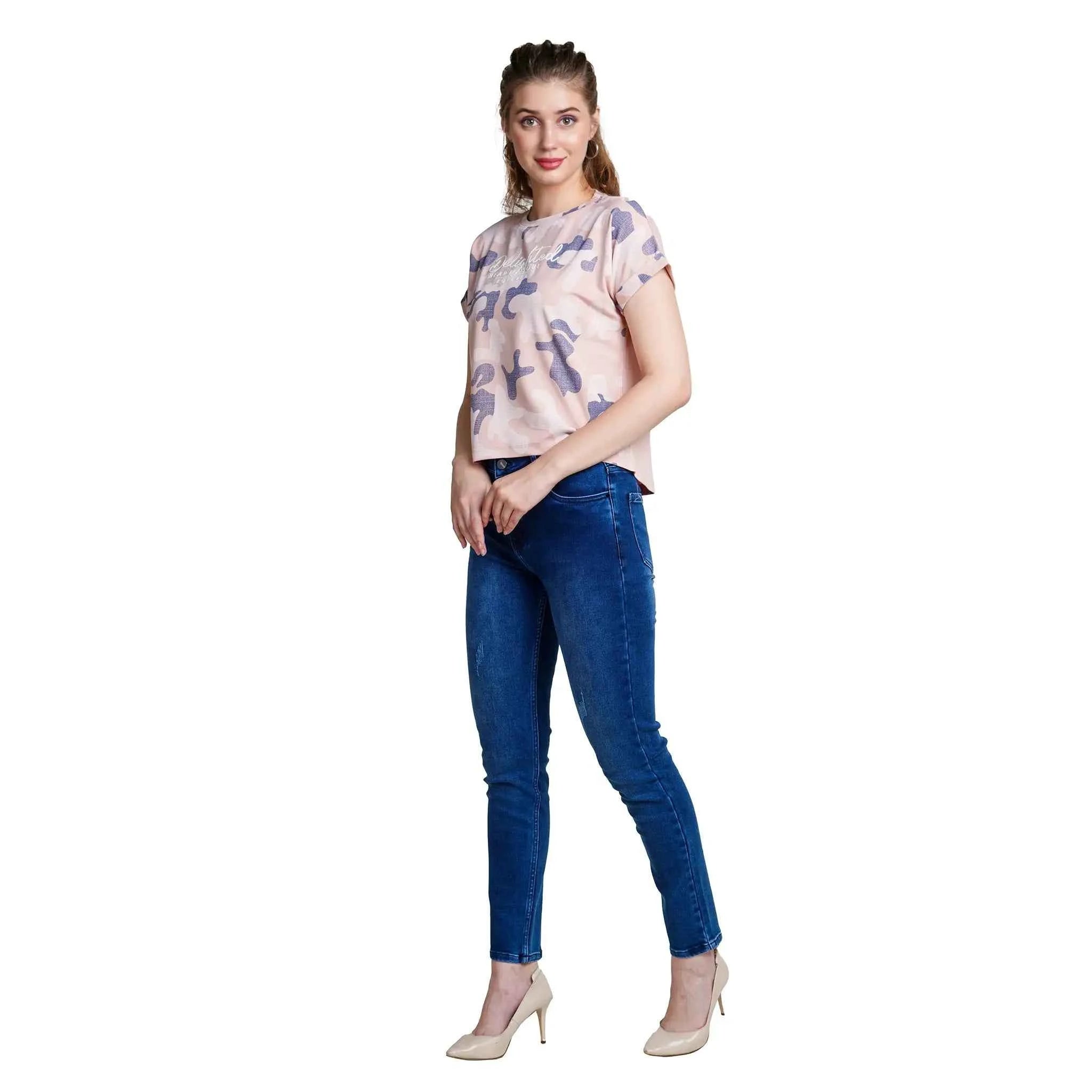 Astron – Light Pink Camouflage Print Magyar Sleeve Top for Women