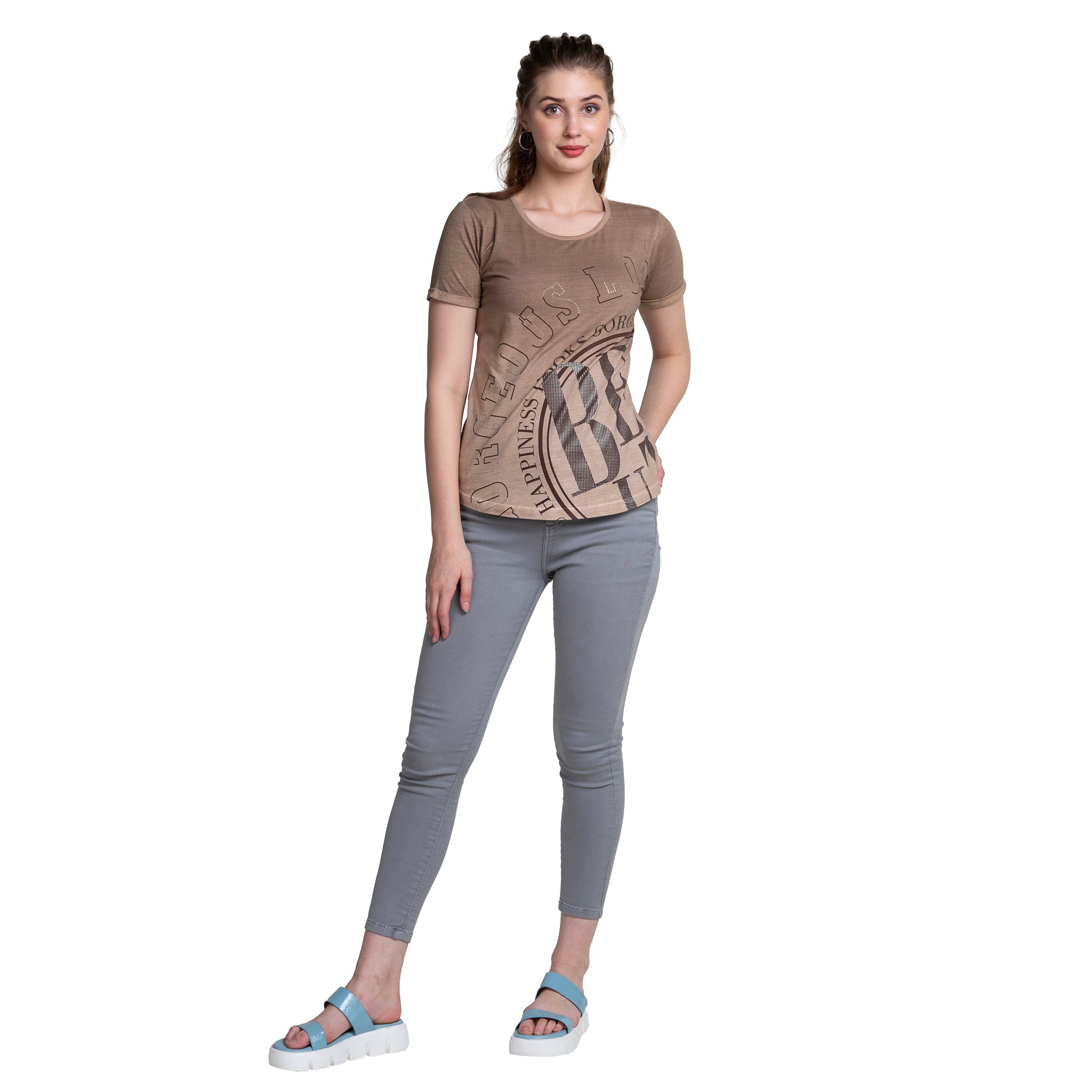 Astron – Printed Round Neck Wine Color Cotton T-Shirt for Women