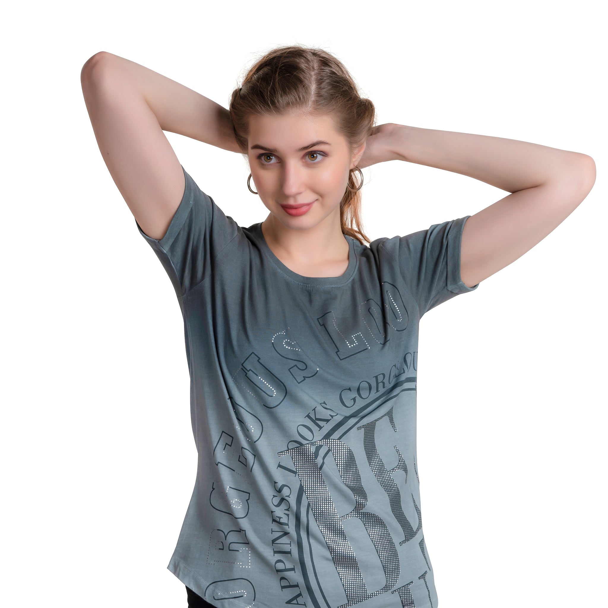 Astron – Printed Round Neck Wine Color Cotton T-Shirt for Women
