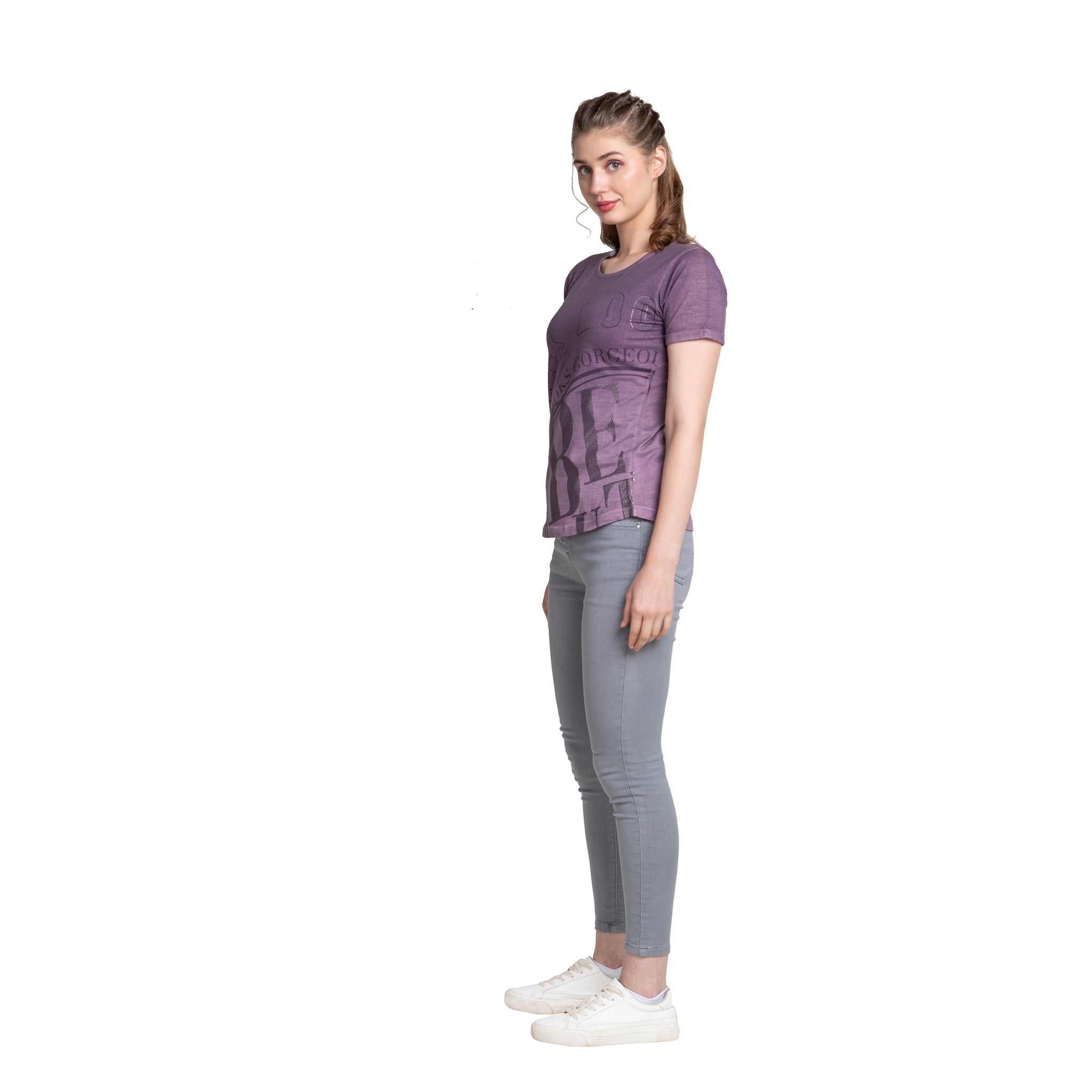 Astron – Printed Round Neck Wine Color Cotton T-Shirt for Women