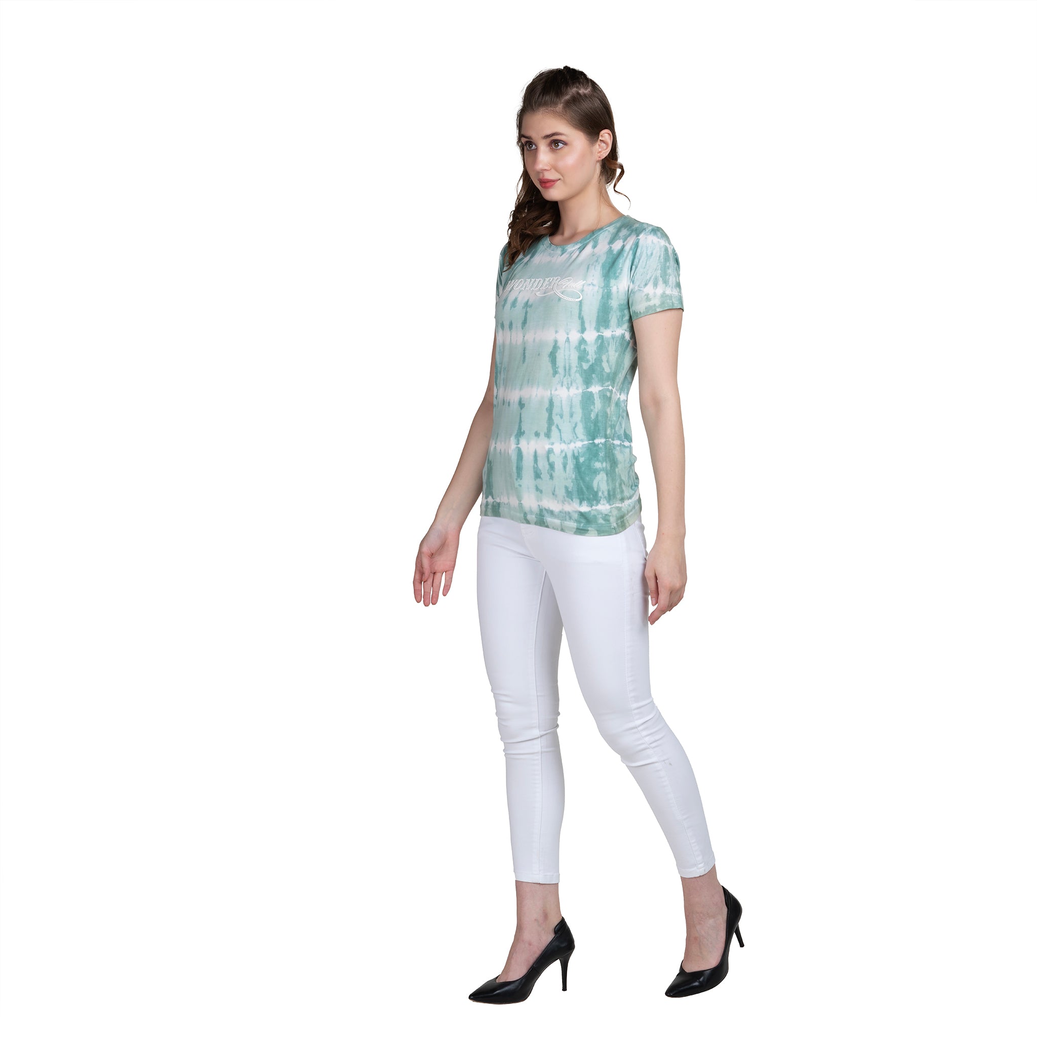 Astron – Tie-Dye Round Neck Green Color Cotton T-Shirt for Women