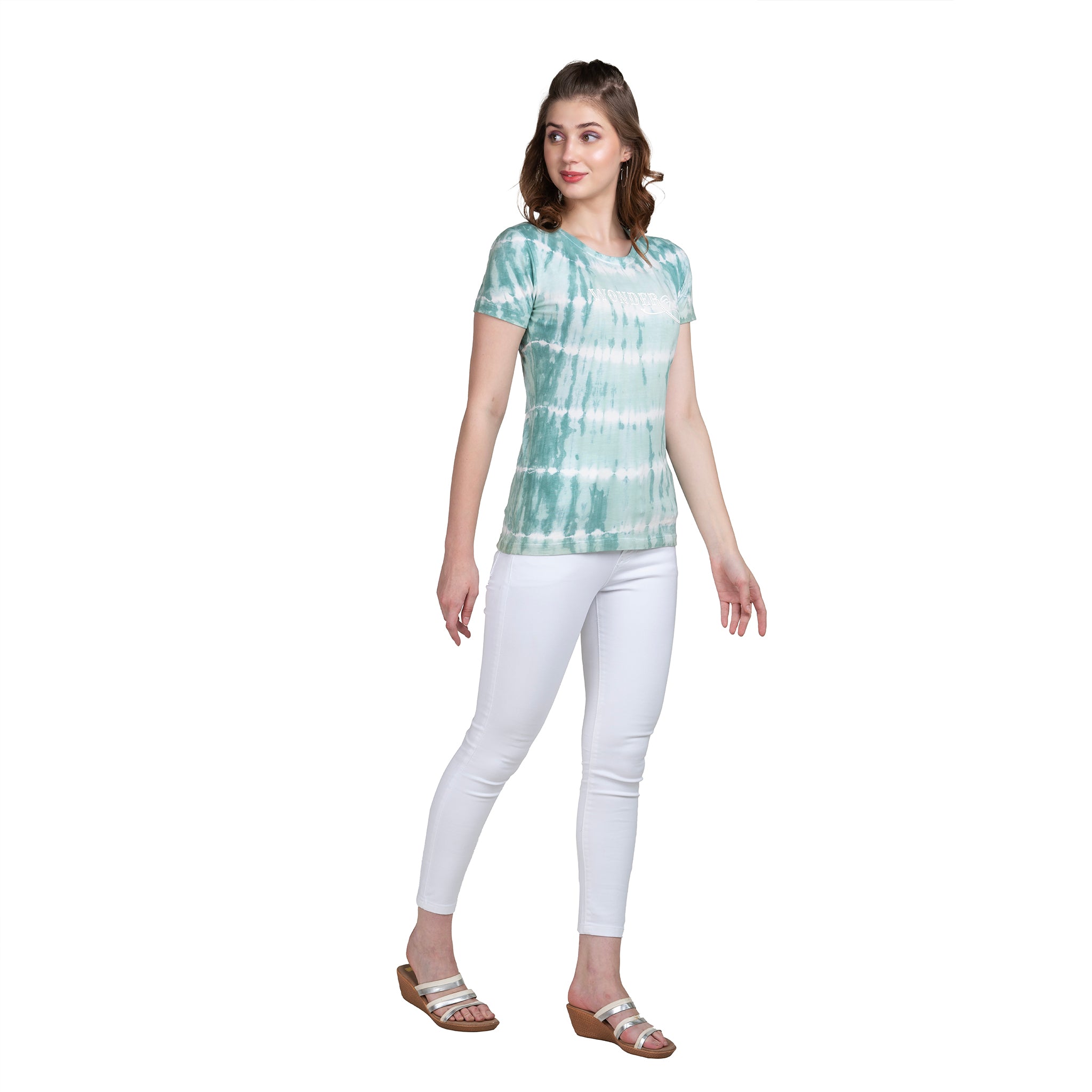 Astron – Tie-Dye Round Neck Green Color Cotton T-Shirt for Women