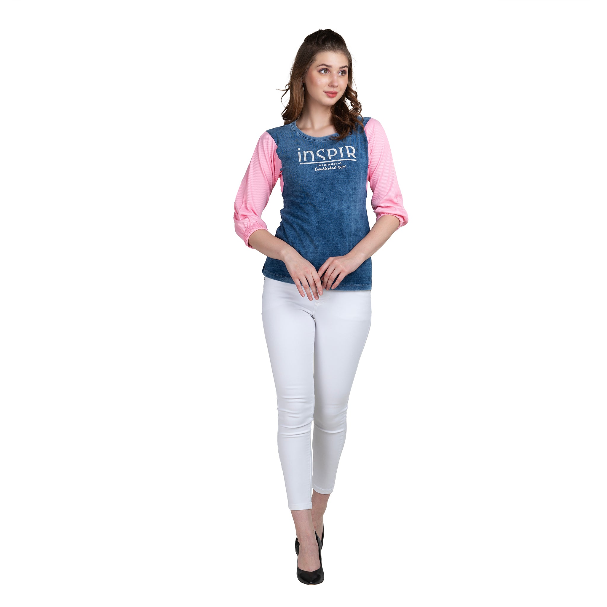 Astron – Round Neck Denim Lemon Yellow Color T-Shirt for Women