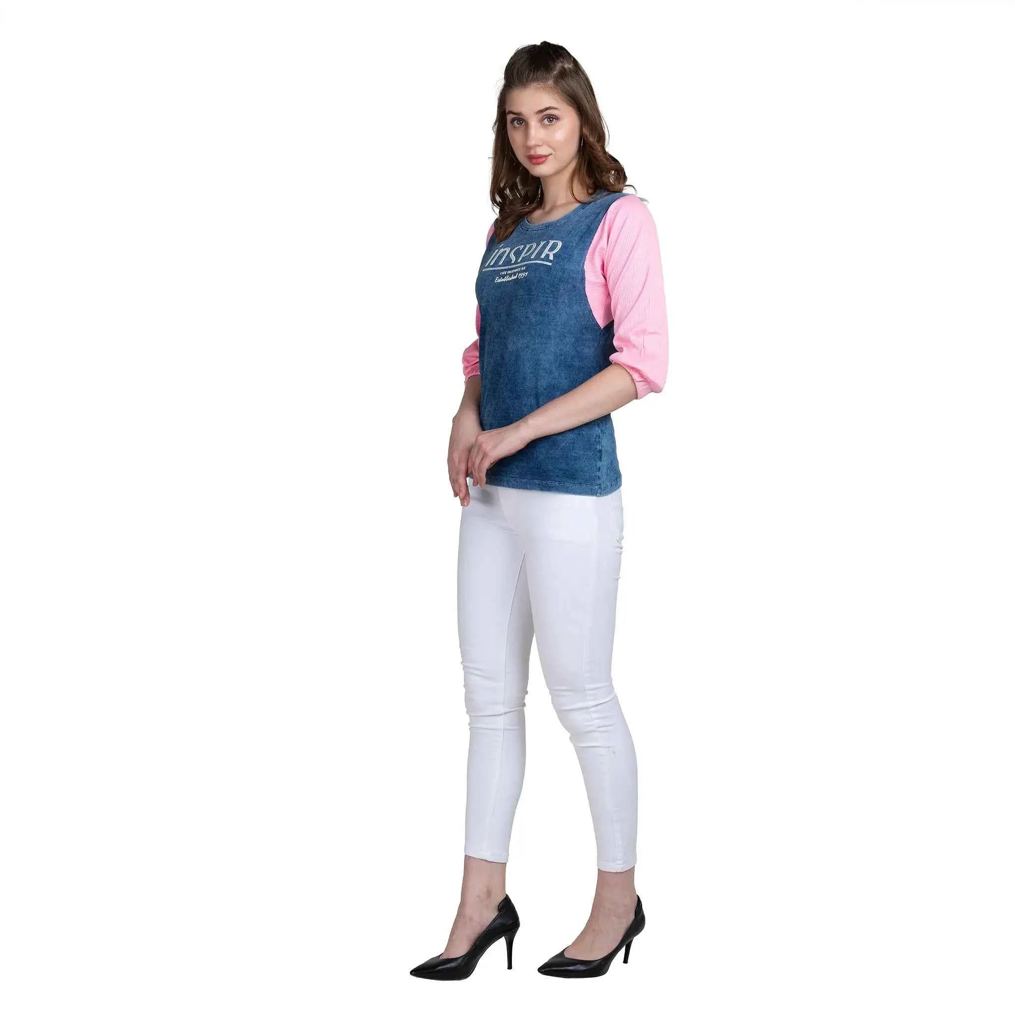 Astron – Round Neck Denim Colour T-Shirt for Women