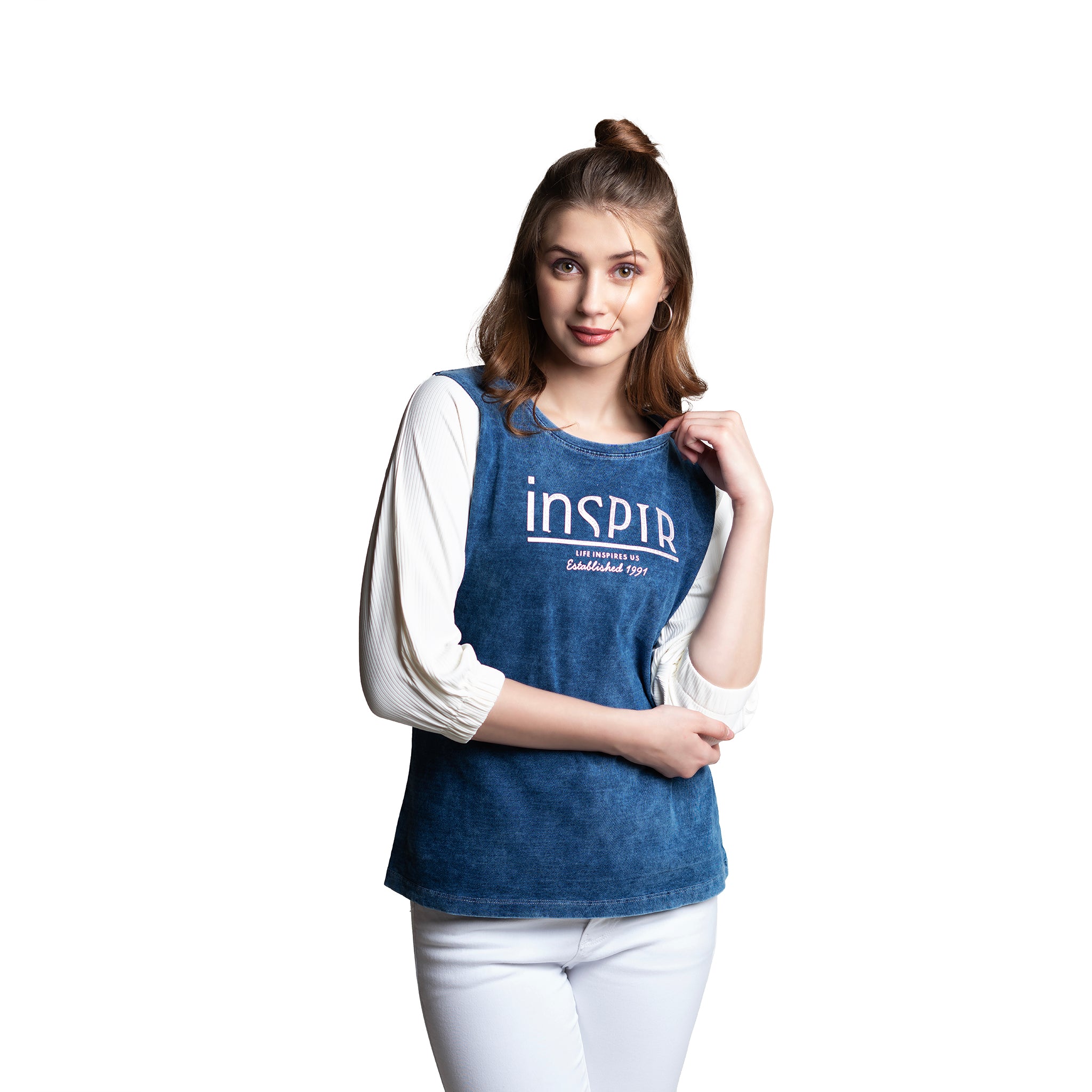 Astron – Round Neck Denim Lemon Yellow Color T-Shirt for Women