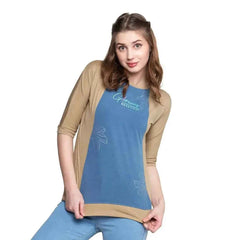 Astron – Beige & Denim Boat Neck Elbow Sleeves T-Shirt for Women
