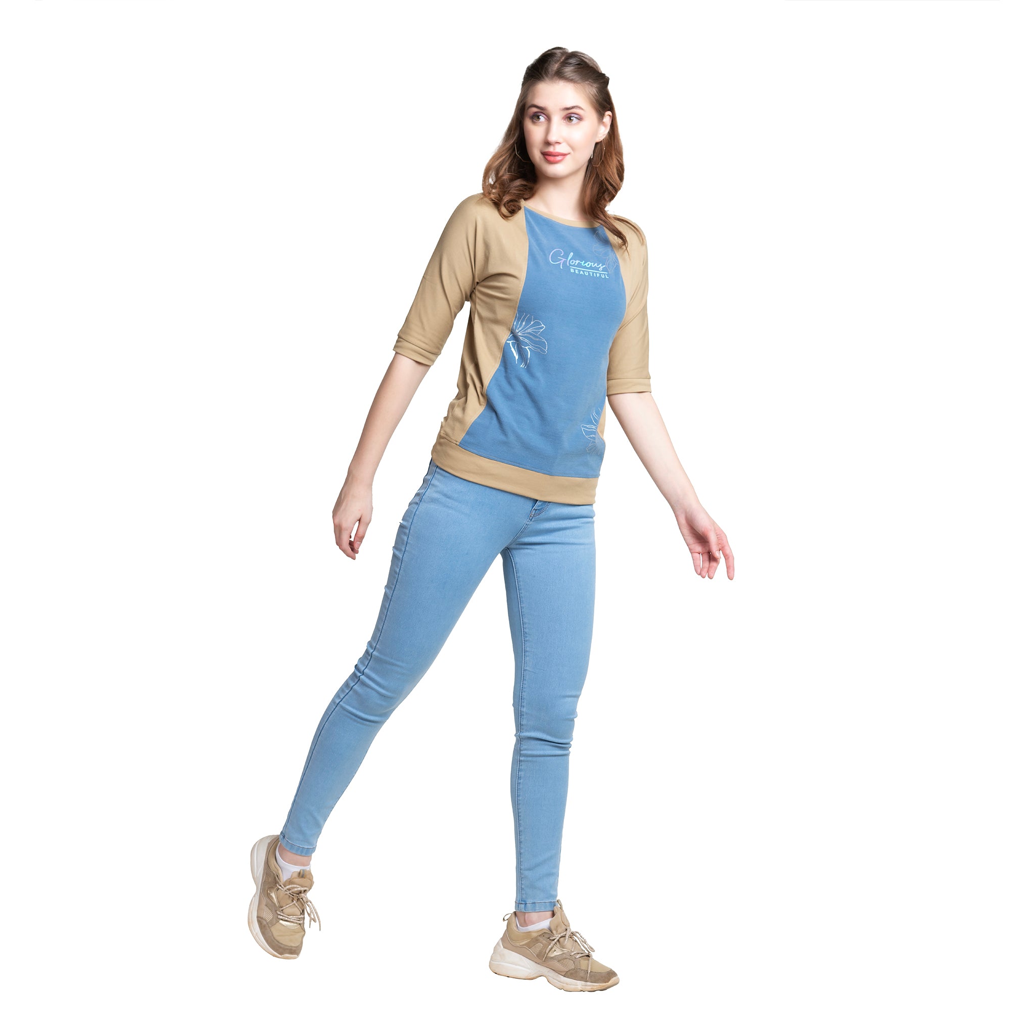 Beige with Denim Boat Neck Elbow Sleeves T-shirt For Ladies