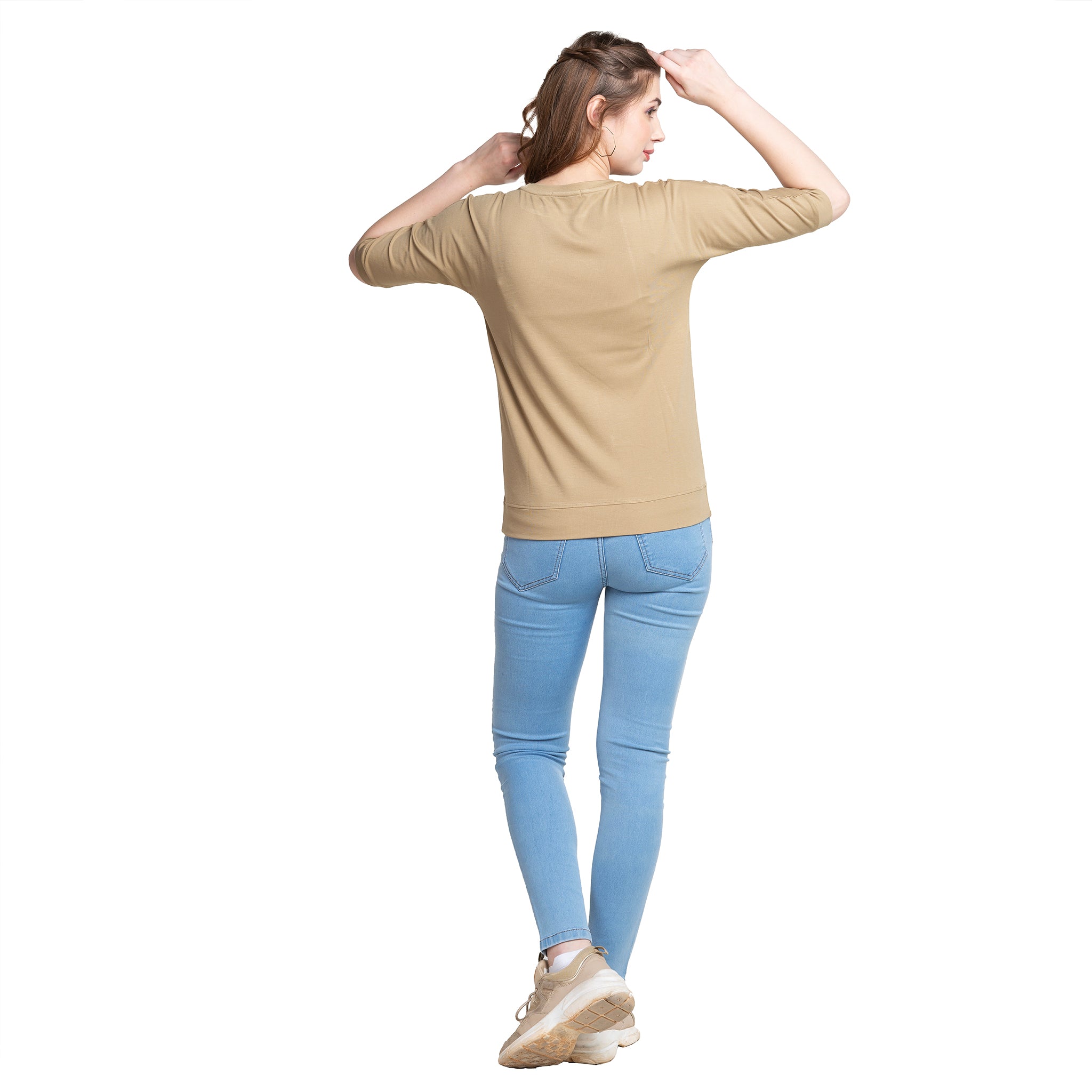 Beige with Denim Boat Neck Elbow Sleeves T-shirt For Ladies