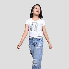 Teddy Print Cotton Half Sleeves Round Neck Girl's T-shirt