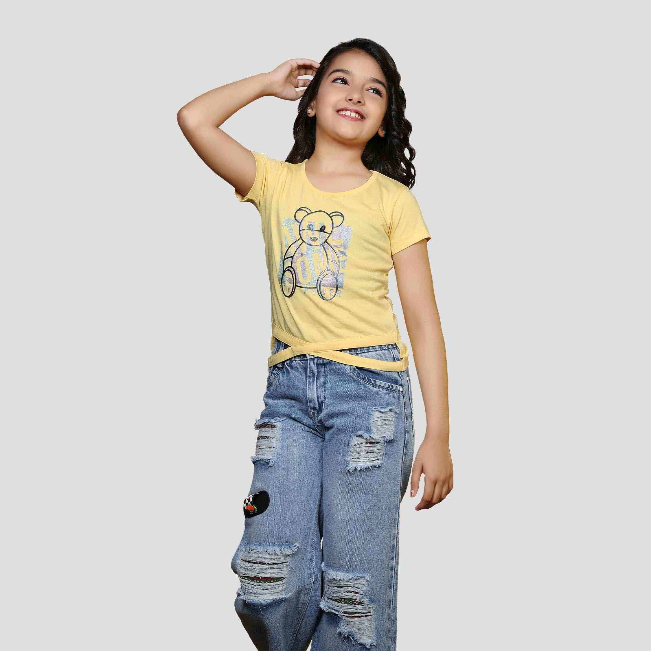 Teddy Print Cotton Half Sleeves Round Neck Girl's T-shirt