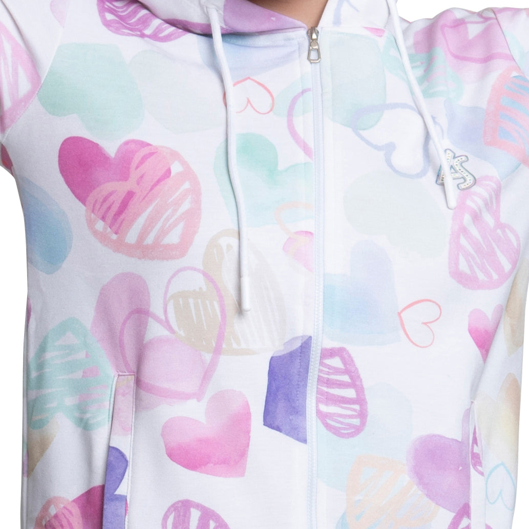 Hearts Printed Pink Zip-through Hoodie For Women