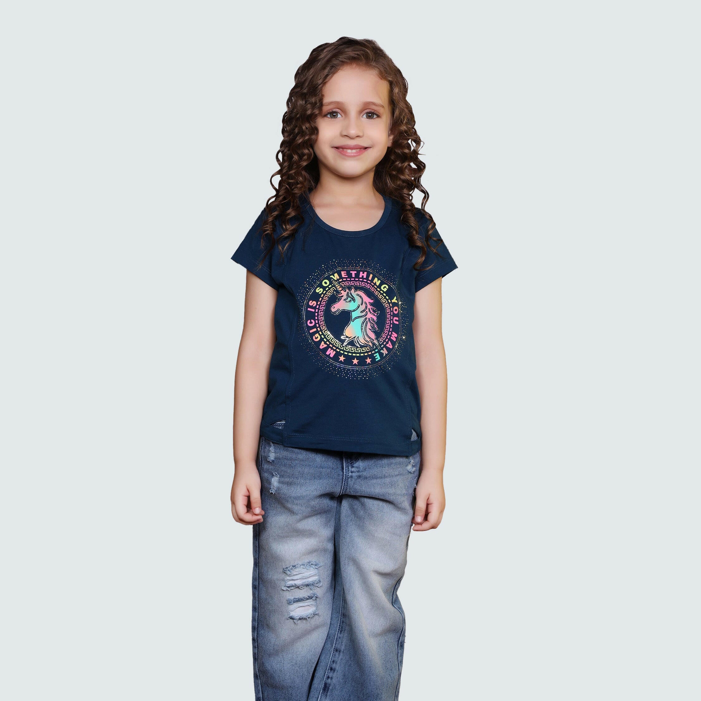 Black & Blue Color Round Neck Girl's T-Shirt - ASTRON