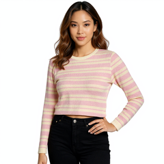 Astron - Cropped Knit Top with Horizontal Pink and Cream Stripes