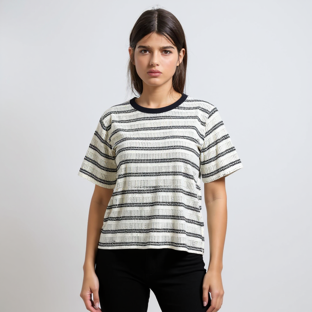 Astron - Striped Knit T-Shirt With Ribbed Crew Neckline