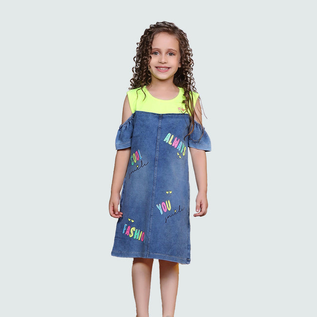 Denim Typography Printed Girl Dress - ASTRON