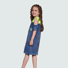 Denim Typography Printed Girl Dress - ASTRON