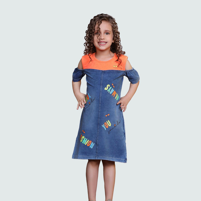 Denim Typography Printed Girl Dress - ASTRON