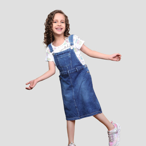 White & Pink Color Typography Printed Girl Dungaree - ASTRON