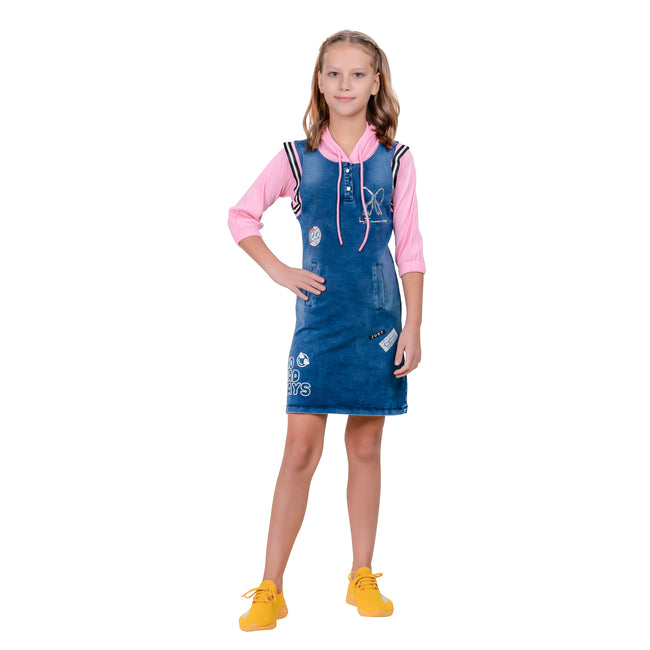 3/4th Sleeves Hooded Tunic Dress For Girl's