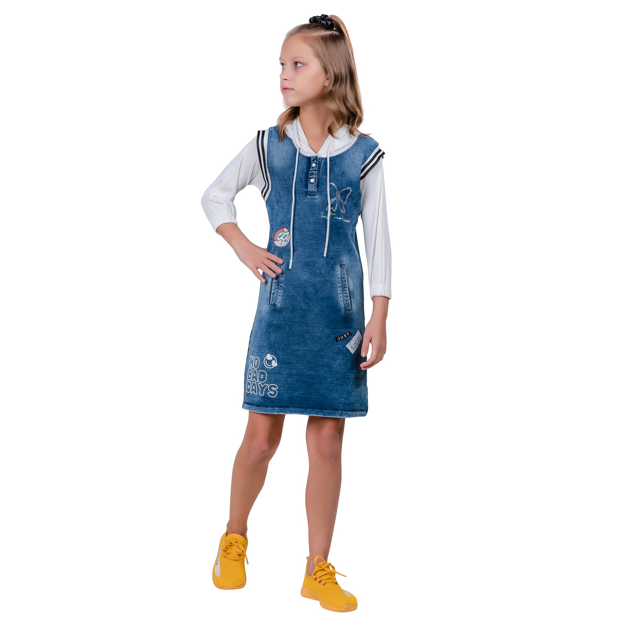 3/4th Sleeves Hooded Tunic Dress For Girl's