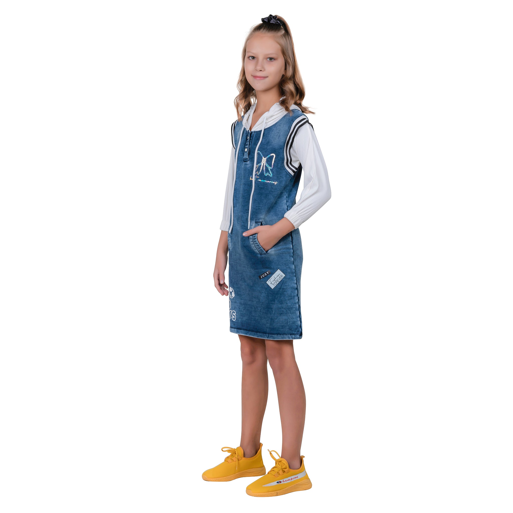 3/4th Sleeves Hooded Tunic Dress For Girl's