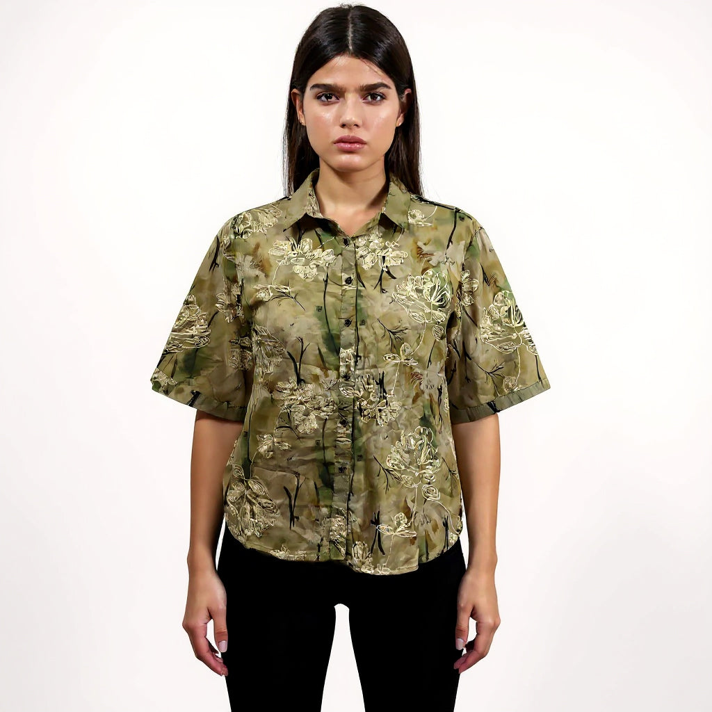 Astron - Olive Green Printed Viscose Shirt For Women