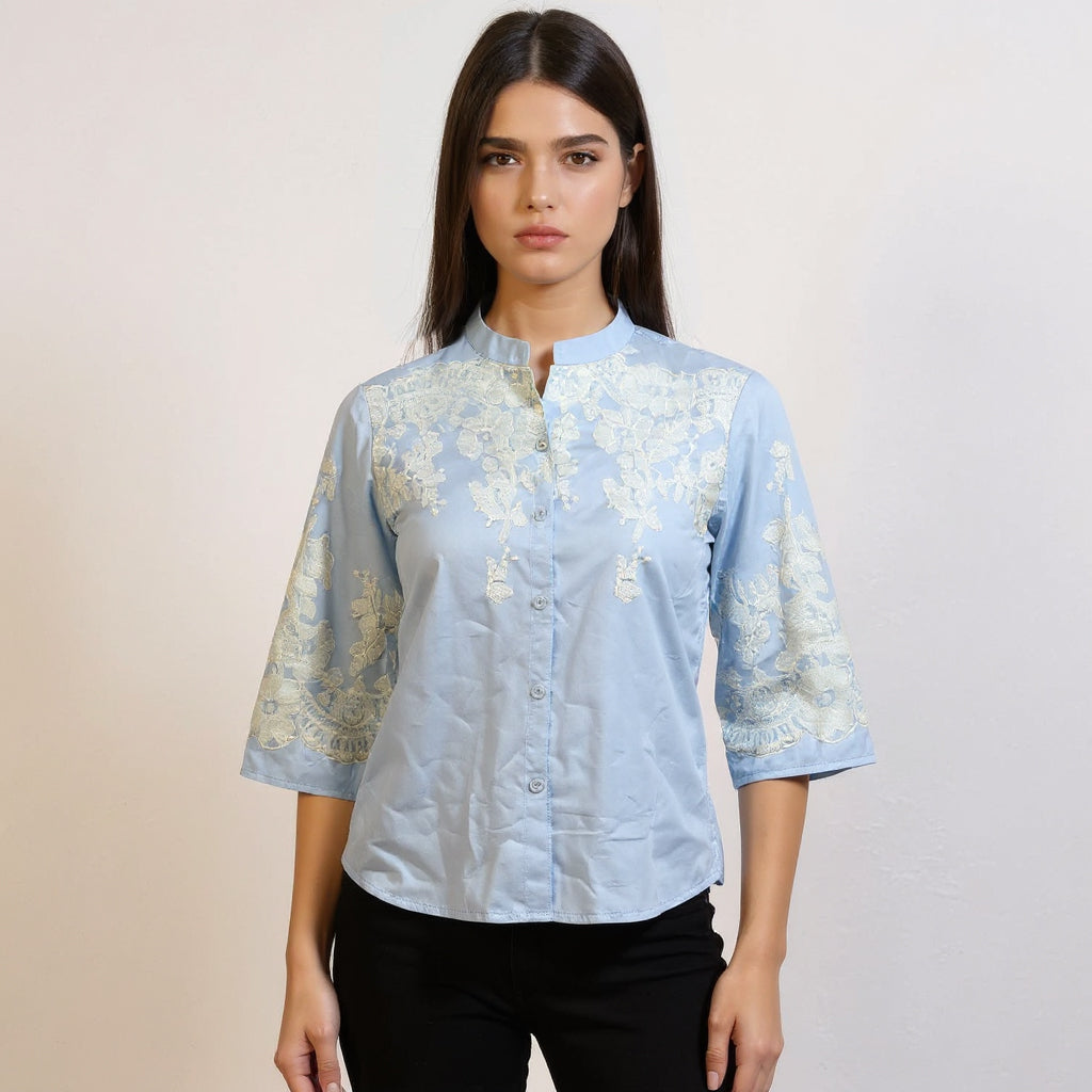 Astron Light Blue Cotton Shirt with Intricate White Floral Embroidery
