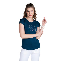 Astron – Round Neck Dark Blue Color Typography Print Cotton T-Shirt for Women
