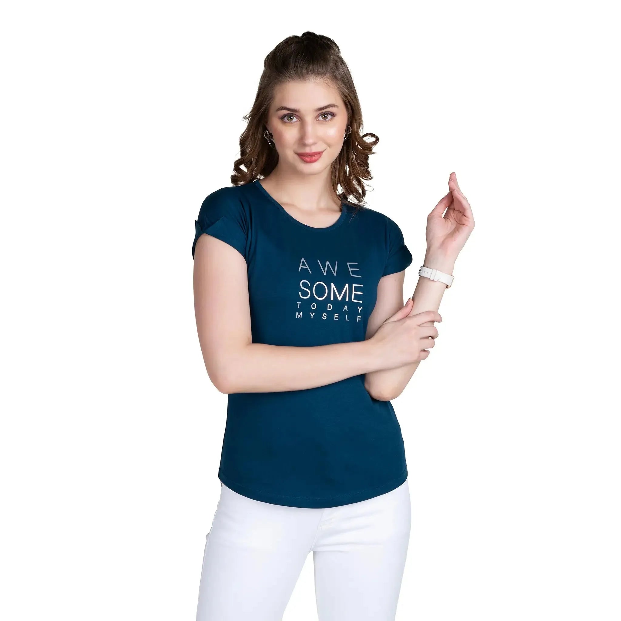 Astron – Round Neck Typography Print Cotton T-Shirt for Women