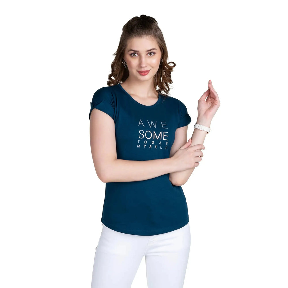 Astron – Round Neck Typography Print Cotton T-Shirt for Women
