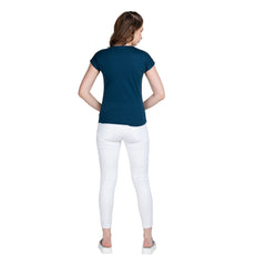 Astron Round Neck Typography Print Cotton T-Shirt for Women Back View in Petrol Blue