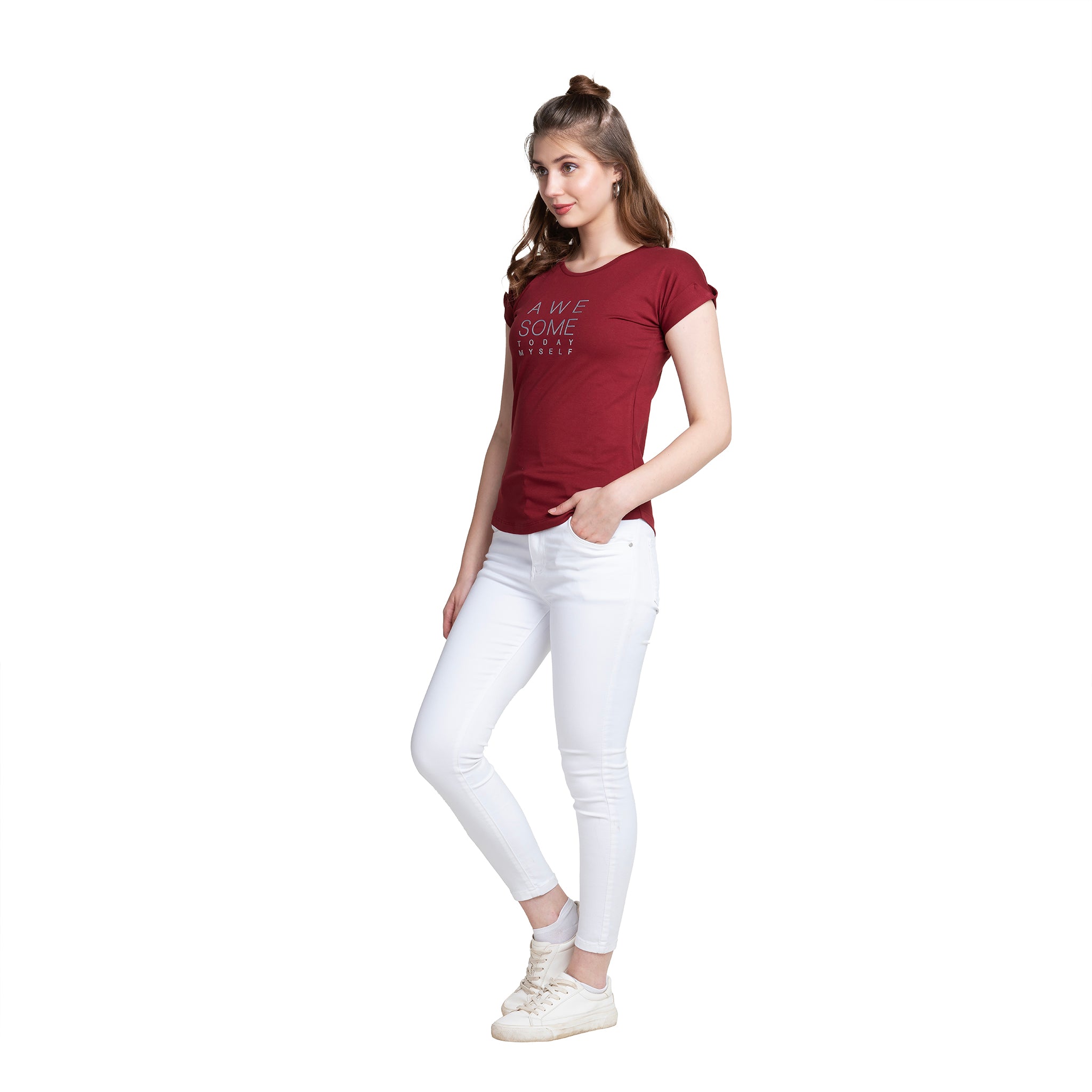 Astron – Round Neck Dark Blue Color Typography Print Cotton T-Shirt for Women