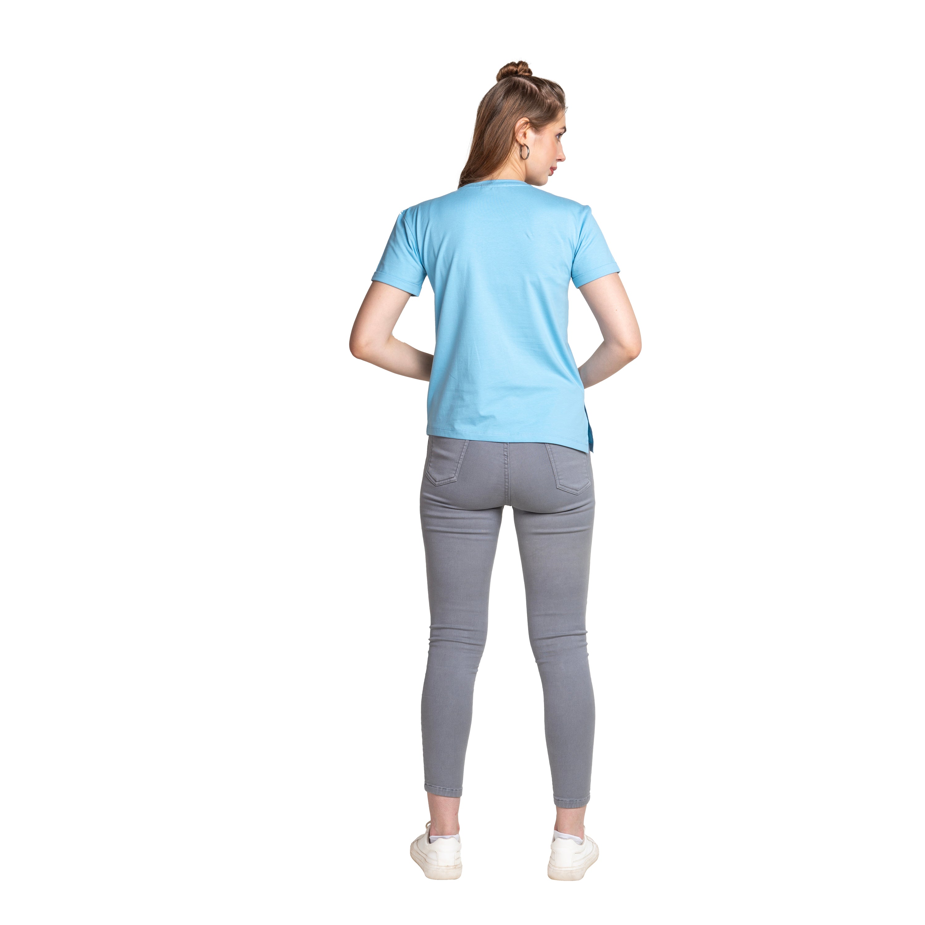 Astron – Round Neck Half Sleeves Dark Blue Color Cotton T-Shirt for Women