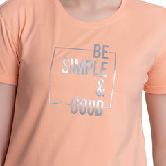 Astron – Round Neck Half Sleeves Peach Color Cotton T-Shirt for Women