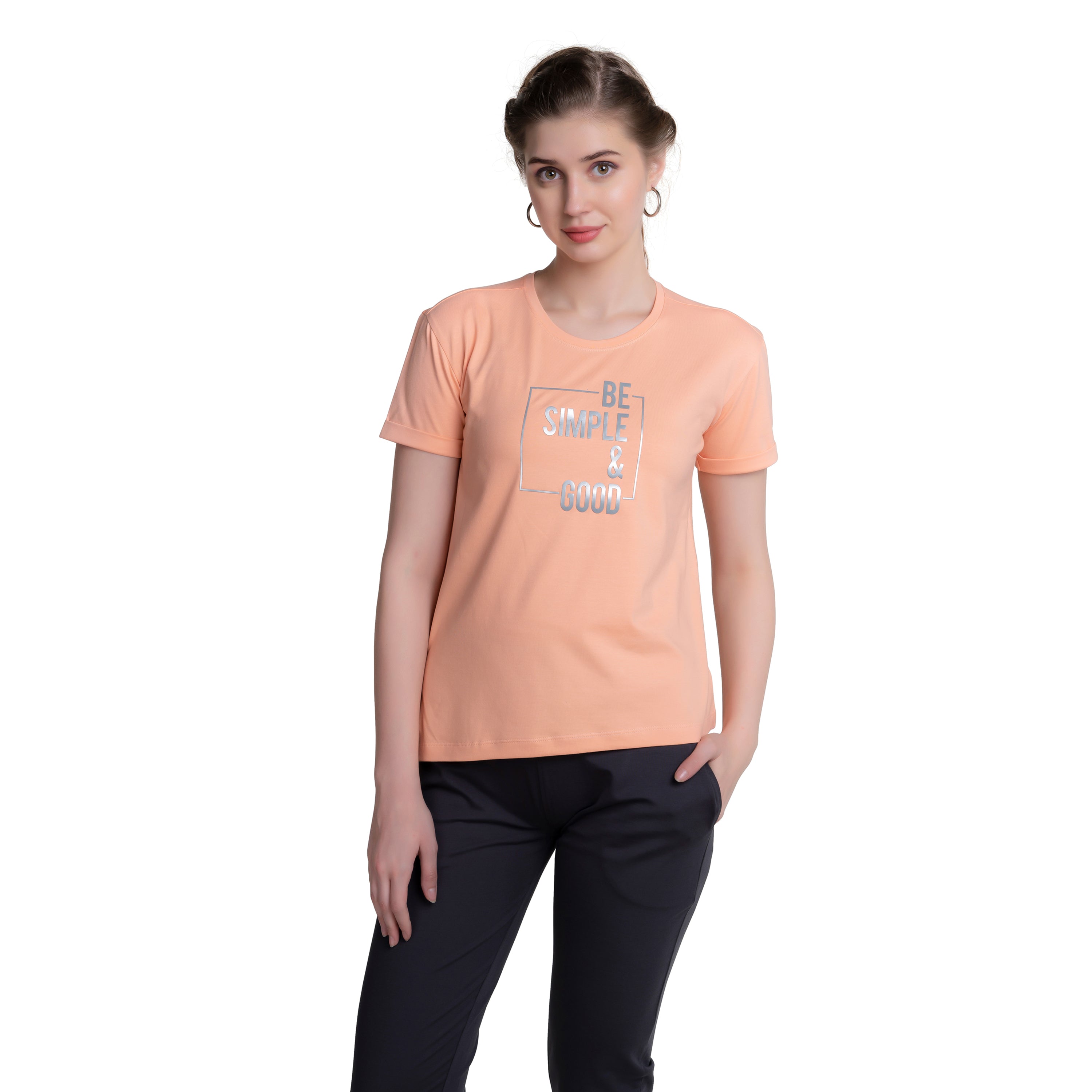 Astron – Round Neck Half Sleeves Dark Blue Color Cotton T-Shirt for Women