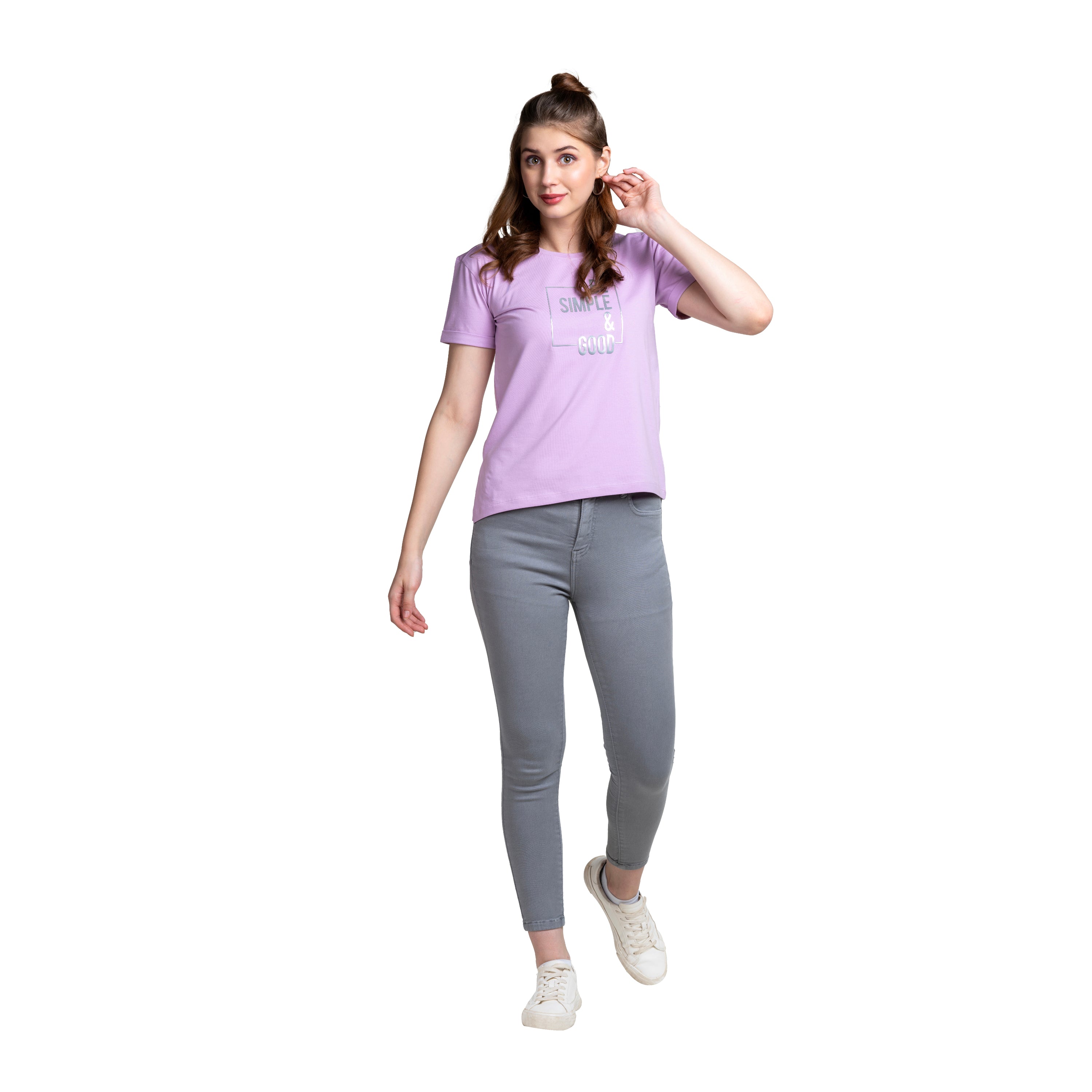 Astron – Round Neck Half Sleeves Dark Blue Color Cotton T-Shirt for Women
