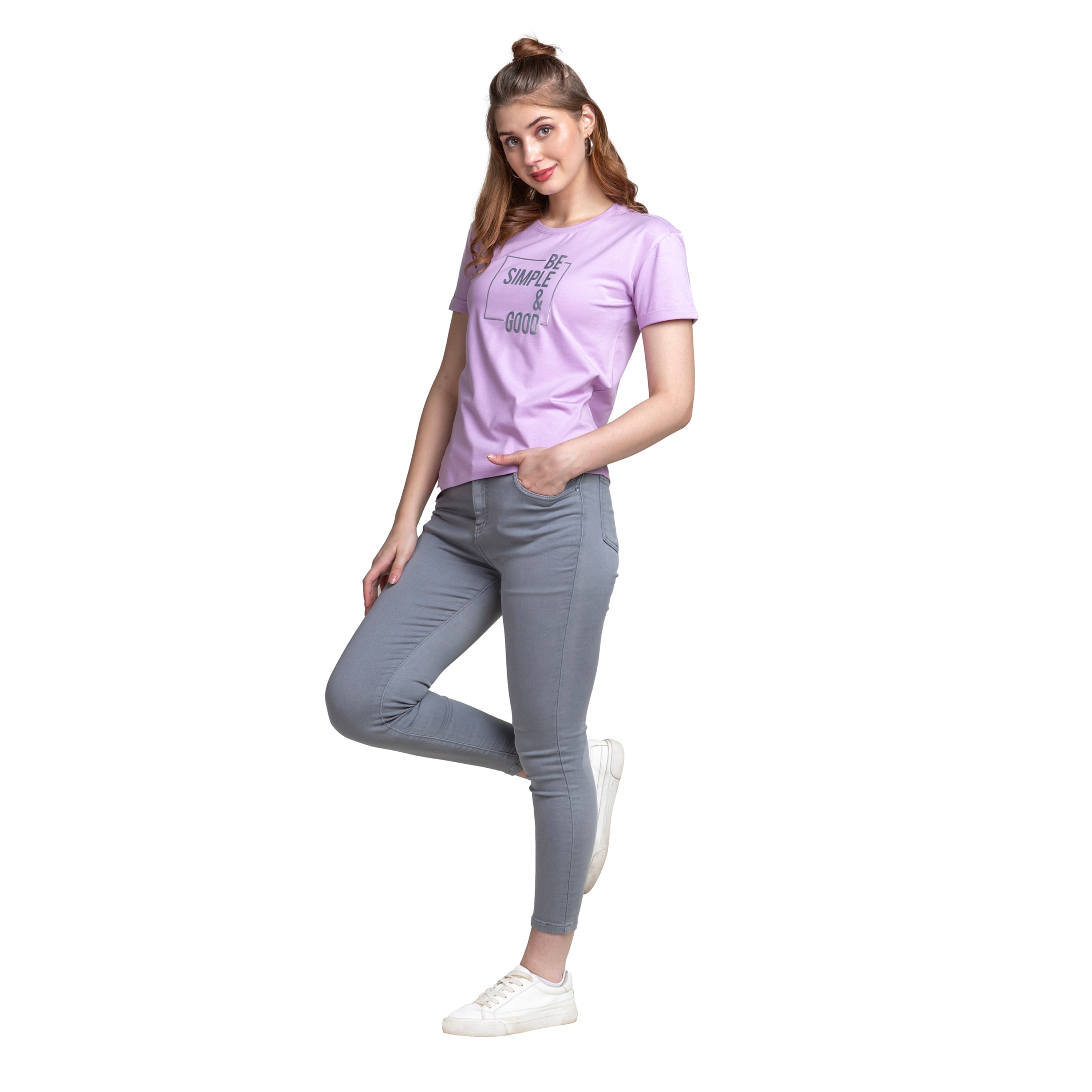Astron – Round Neck Half Sleeves Dark Blue Color Cotton T-Shirt for Women