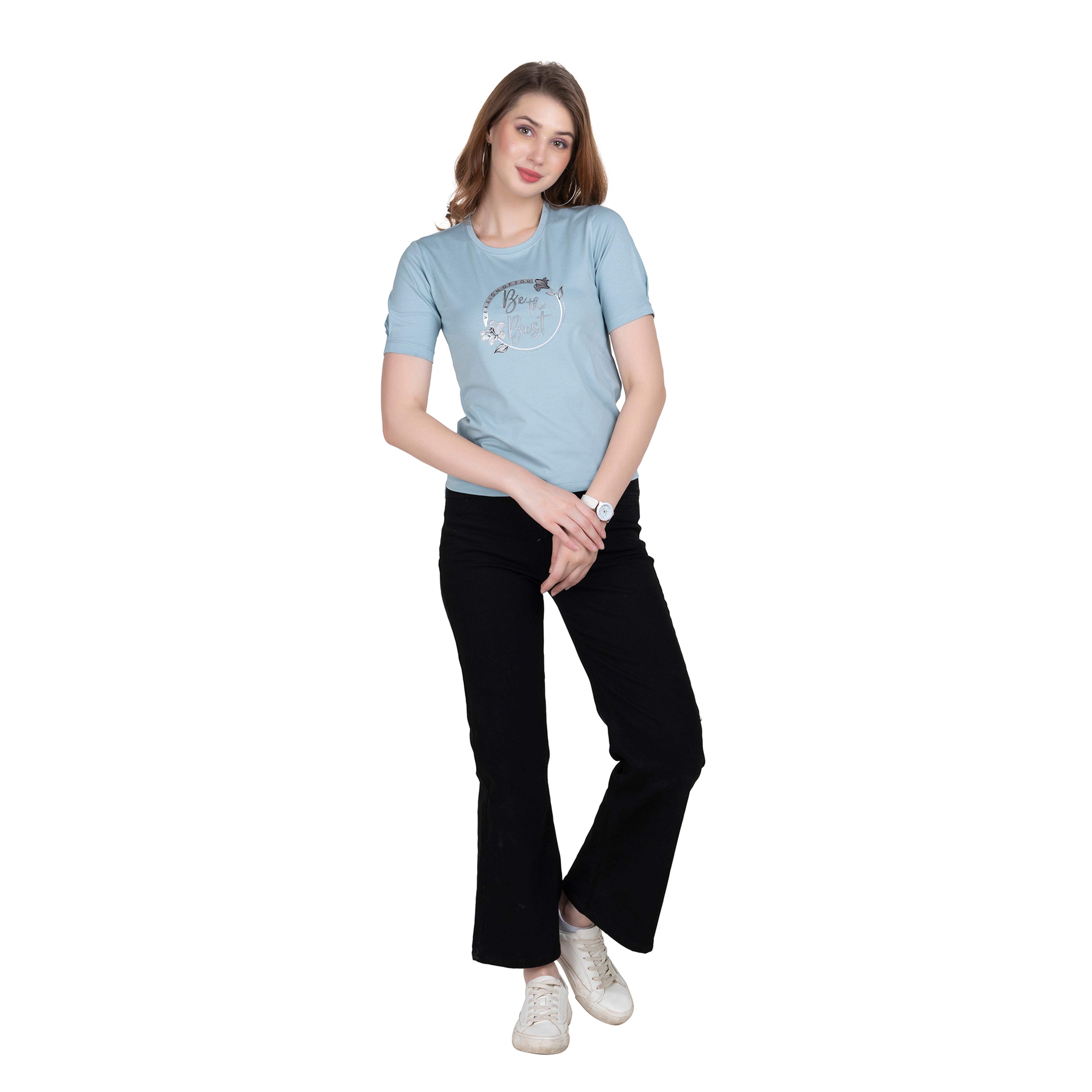 Astron – Designer Printed Round Neck Half Sleeves Green Color Cotton T-Shirt for Women