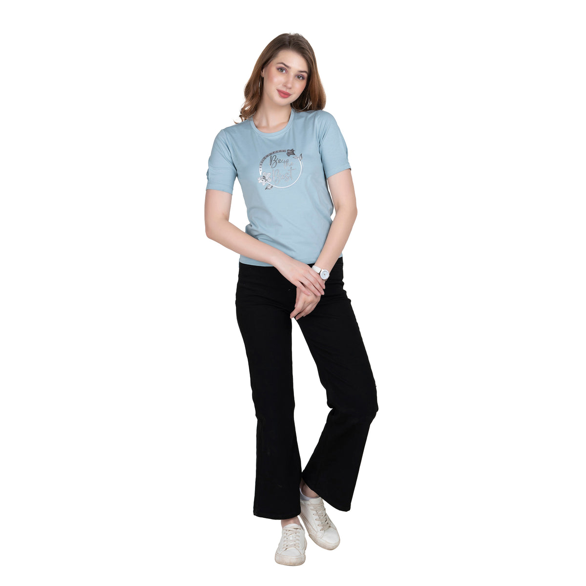 Astron – Designer Printed Round Neck Half Sleeves Dark Blue Color Cotton T-Shirt for Women