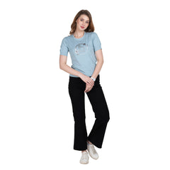 Astron – Designer Printed Round Neck Half Sleeves Dark Blue Color Cotton T-Shirt for Women